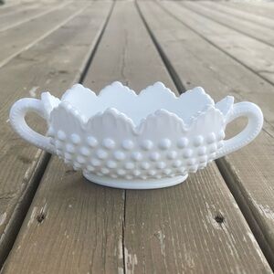 Fenton Vintage Hobnail Milk Glass Oval Double Handle Nut Bowl Candy Trinket Dish